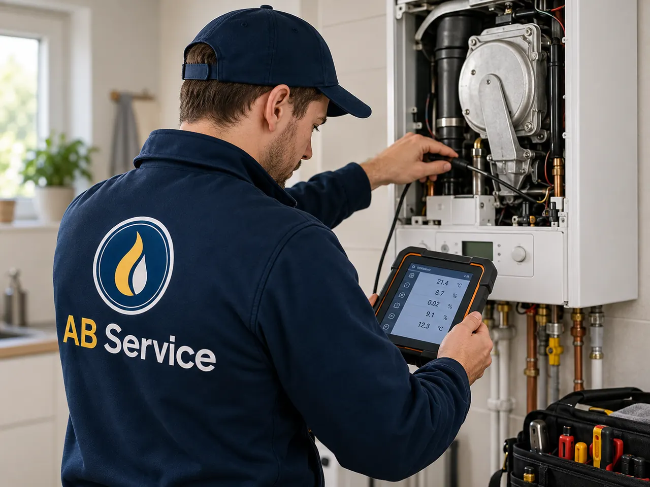 AB Service voert een diagnose uit aan een geopende cv-ketel