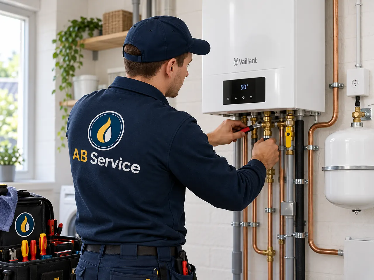 AB Service werkt aan de aansluitingen van een wandketel